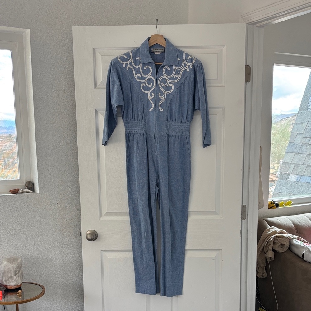 Vintage Western Denim Jumpsuit with White Embroidery